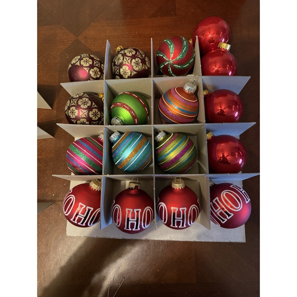 VTG 17 Christmas Ornaments Lot Glitter Stripes Red Green Gold HO HOGlass Decor